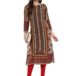 Pankaj's Brown Printed Straight Cotton Kurta