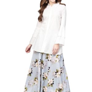 Pankaj's Powder Blue Floral Cotton Skirt with White Top