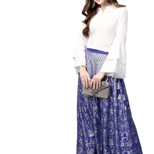 Pankaj's Indowestern Blue, Silver & White Shirt & Skirt Set